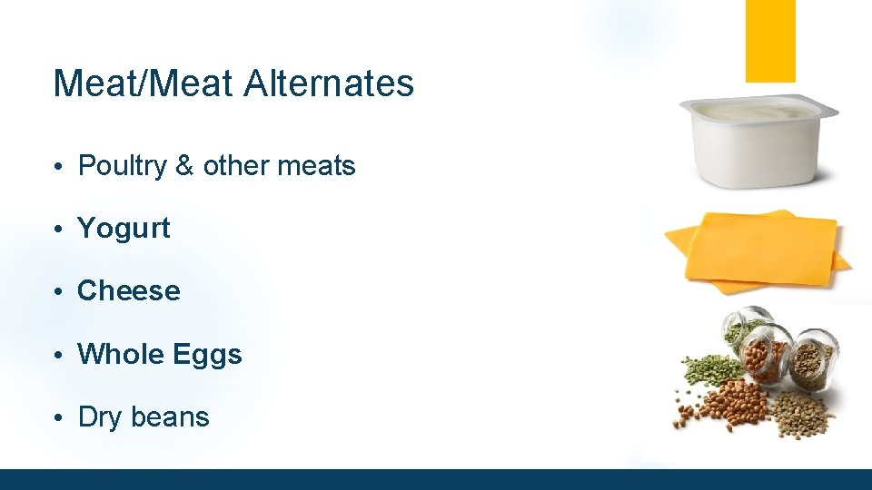 Meat/Meat Alternates • Poultry & other meats • Yogurt • Cheese • Whole Eggs