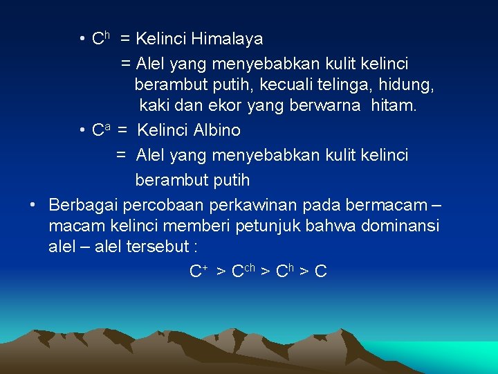 • Ch = Kelinci Himalaya = Alel yang menyebabkan kulit kelinci berambut putih,