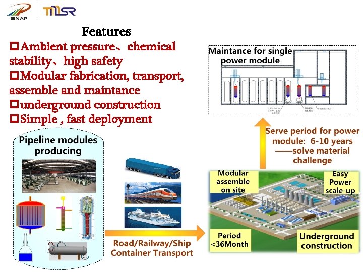 Features p. Ambient pressure、chemical stability、high safety p. Modular fabrication, transport, assemble and maintance punderground