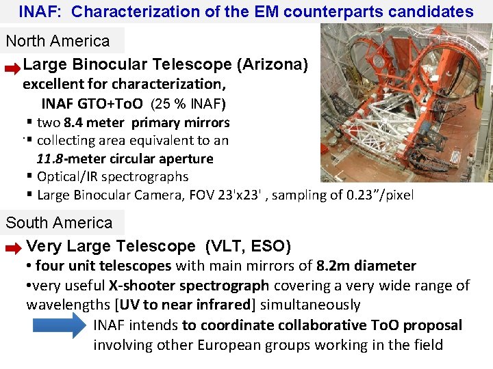 INAF: Characterization of the EM counterparts candidates North America Large Binocular Telescope (Arizona) excellent