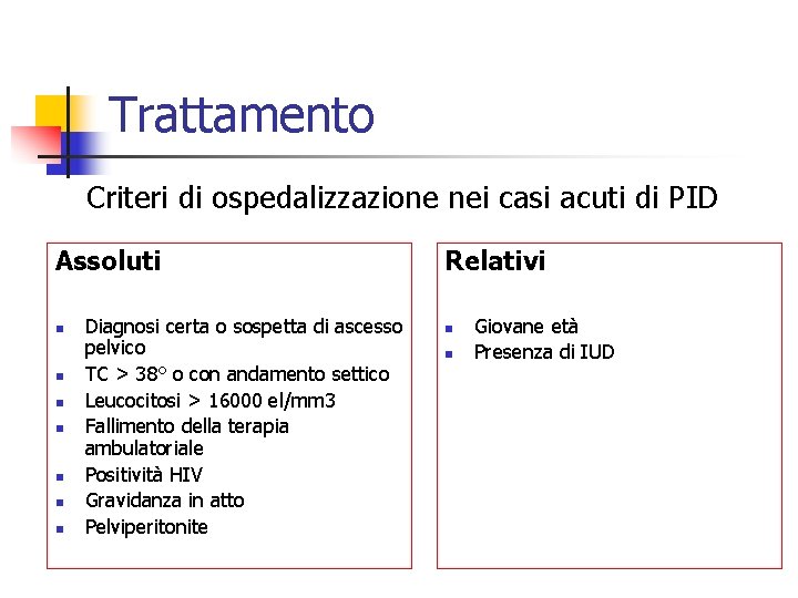 Trattamento Criteri di ospedalizzazione nei casi acuti di PID Assoluti n n n n