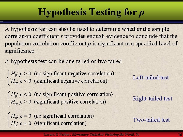 Hypothesis Testing for ρ A hypothesis test can also be used to determine whether