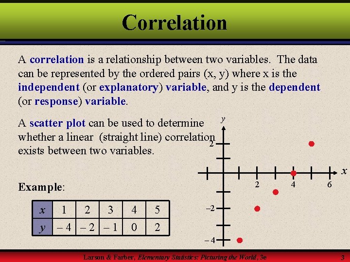 Correlation A correlation is a relationship between two variables. The data can be represented