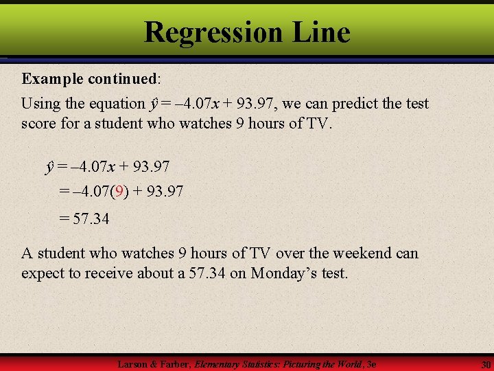 Regression Line Example continued: Using the equation ŷ = – 4. 07 x +