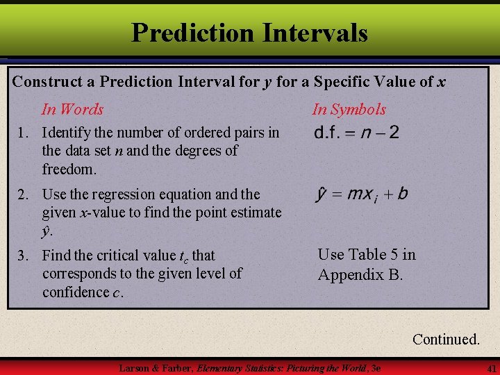 Prediction Intervals Construct a Prediction Interval for y for a Specific Value of x