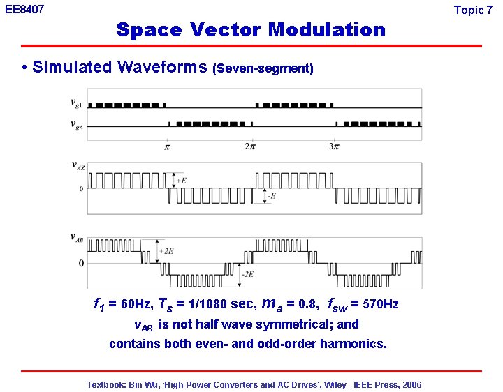 EE 8407 Space Vector Modulation • Simulated Waveforms (Seven-segment) f 1 = 60 Hz,