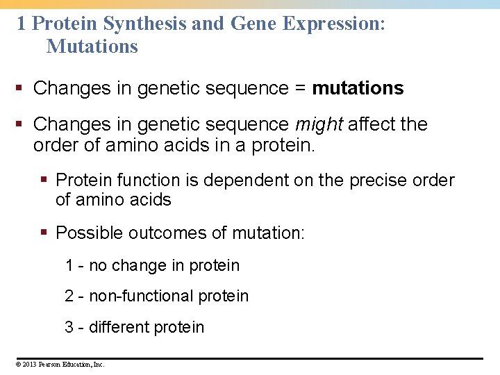 1 Protein Synthesis and Gene Expression: Mutations § Changes in genetic sequence = mutations