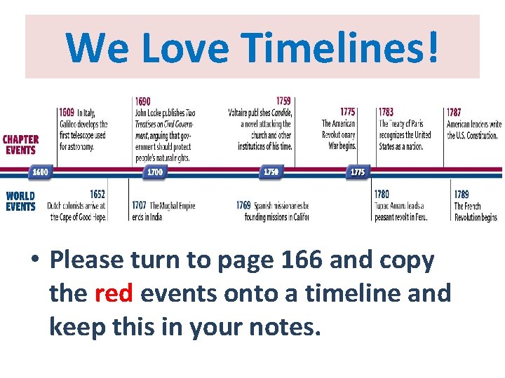 We Love Timelines! • Please turn to page 166 and copy the red events