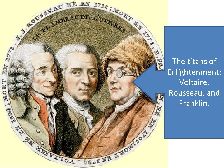 The titans of Enlightenment: Voltaire, Rousseau, and Franklin. 