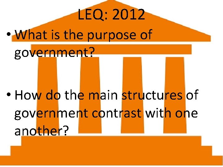 LEQ: 2012 • What is the purpose of government? • How do the main