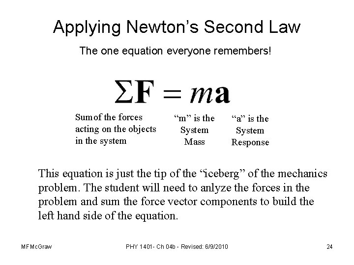 Applying Newton’s Second Law The one equation everyone remembers! Sumof the forces acting on