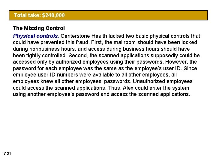 Total take: $240, 000 The Missing Control Physical controls. Centerstone Health lacked two basic Total take: $240, 000 The Missing Control Physical controls. Centerstone Health lacked two basic
