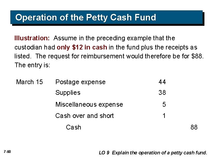 Operation of the Petty Cash Fund Illustration: Assume in the preceding example that the Operation of the Petty Cash Fund Illustration: Assume in the preceding example that the