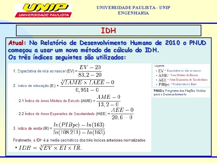 UNIVERSIDADE PAULISTA - UNIP ENGENHARIA IDH Atual: No Relatório de Desenvolvimento Humano de 2010