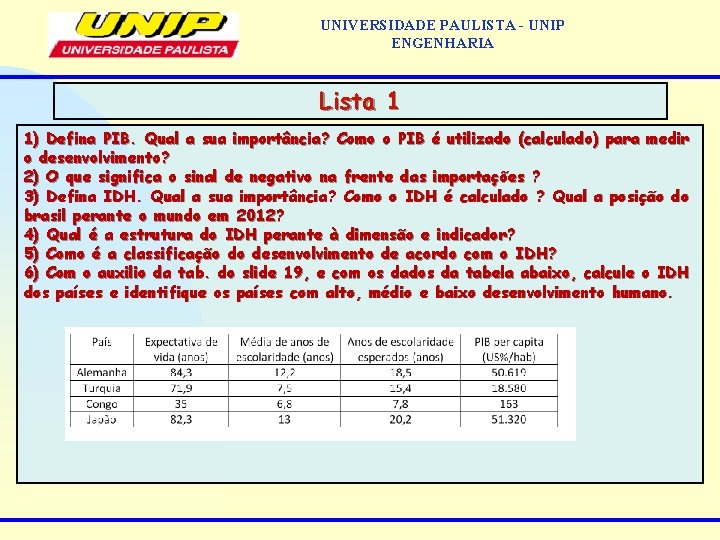 UNIVERSIDADE PAULISTA - UNIP ENGENHARIA Lista 1 1) Defina PIB. Qual a sua importância?