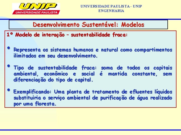 UNIVERSIDADE PAULISTA - UNIP ENGENHARIA Desenvolvimento Sustentável: Modelos 1º Modelo de interação – sustentabilidade