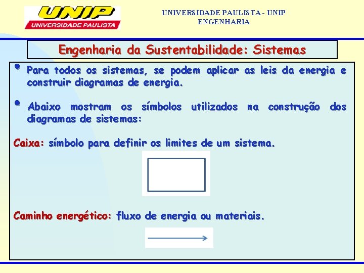 UNIVERSIDADE PAULISTA - UNIP ENGENHARIA Engenharia da Sustentabilidade: Sistemas • Para todos os sistemas,
