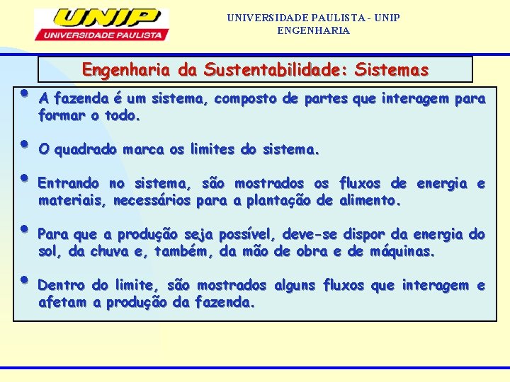 UNIVERSIDADE PAULISTA - UNIP ENGENHARIA Engenharia da Sustentabilidade: Sistemas • A fazenda é um