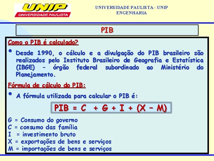 UNIVERSIDADE PAULISTA - UNIP ENGENHARIA PIB Como o PIB é calculado? • Desde 1990,