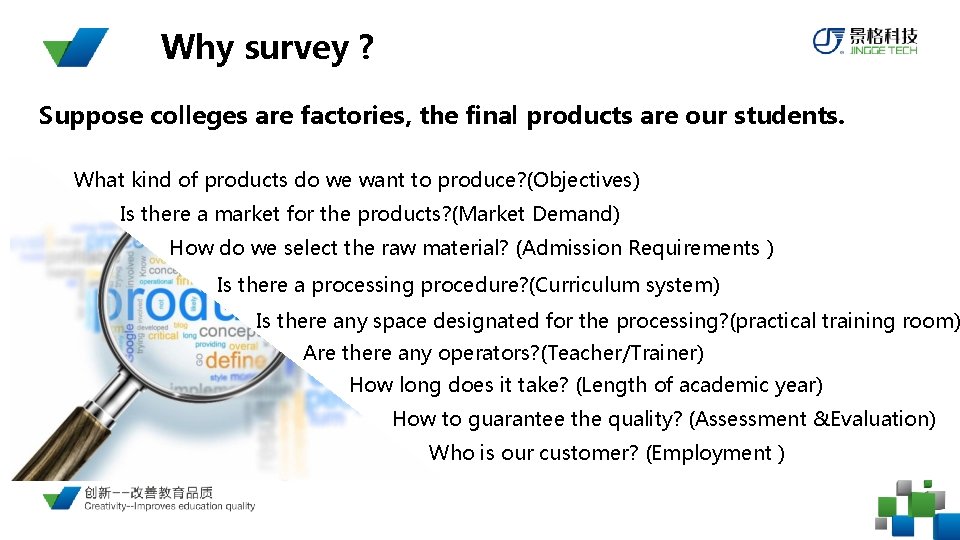 Why survey ? Suppose colleges are factories, the final products are our students. What