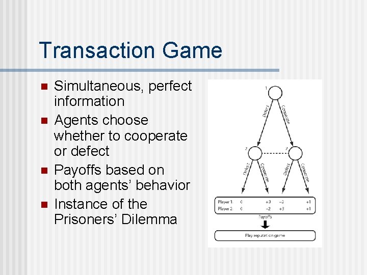 Transaction Game n n Simultaneous, perfect information Agents choose whether to cooperate or defect