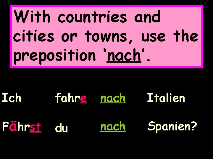 With countries and cities or towns, use the preposition ‘nach’. Ich fahre nach Italien