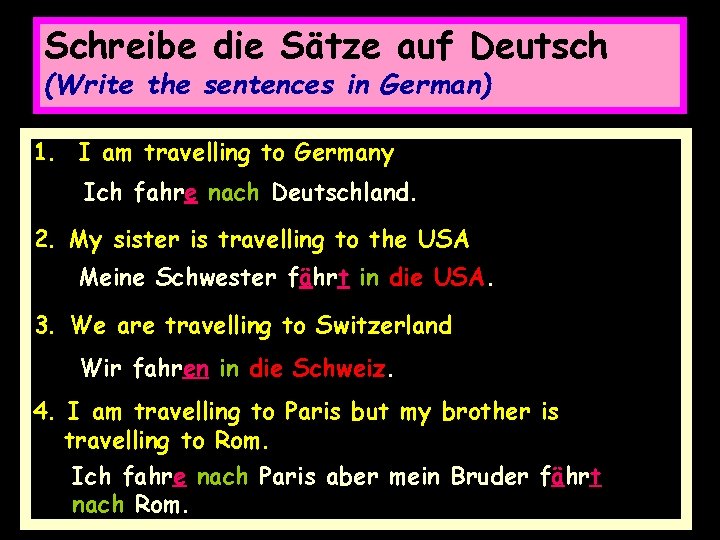 Schreibe die Sätze auf Deutsch (Write the sentences in German) 1. I am travelling
