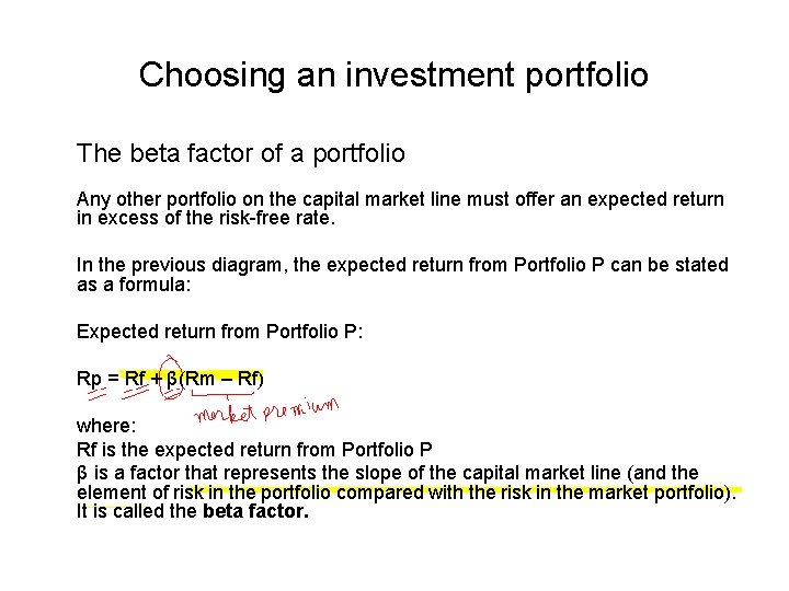 Choosing an investment portfolio The beta factor of a portfolio Any other portfolio on