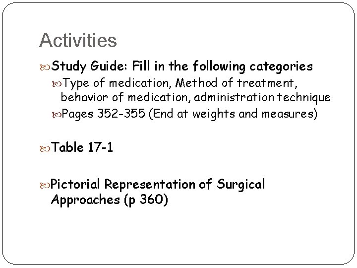 Activities Study Guide: Fill in the following categories Type of medication, Method of treatment,