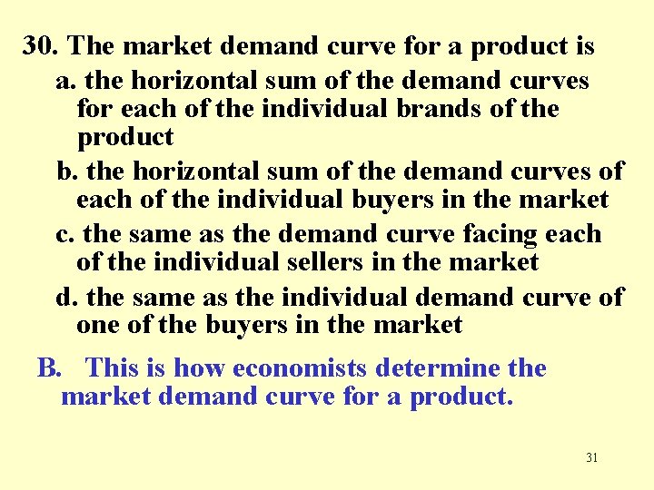 30. The market demand curve for a product is a. the horizontal sum of