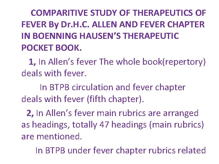 COMPARITIVE STUDY OF THERAPEUTICS OF FEVER By Dr. H. C. ALLEN AND FEVER CHAPTER