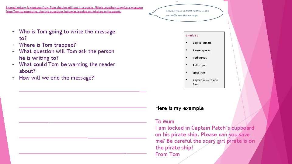 Shared write – A message from Tom that he will put in a bottle.
