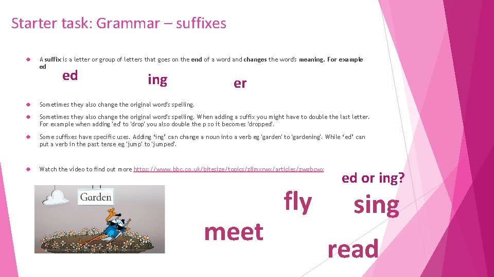 Starter task: Grammar – suffixes A suffix is a letter or group of letters