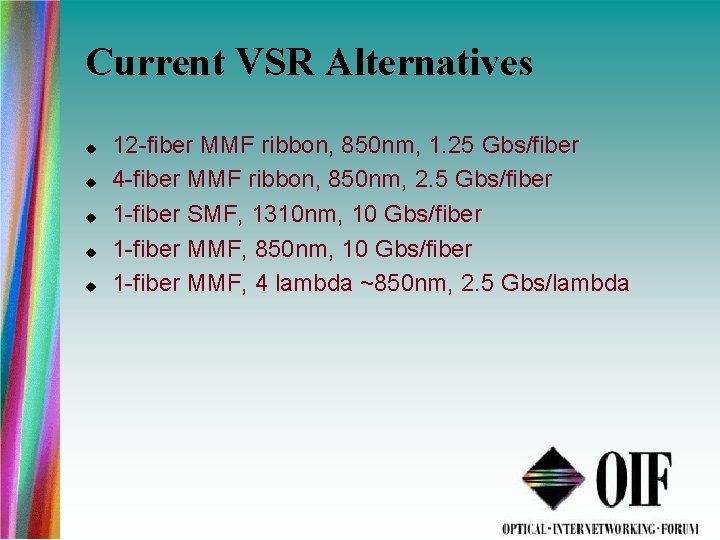 Current VSR Alternatives 12 -fiber MMF ribbon, 850 nm, 1. 25 Gbs/fiber 4 -fiber