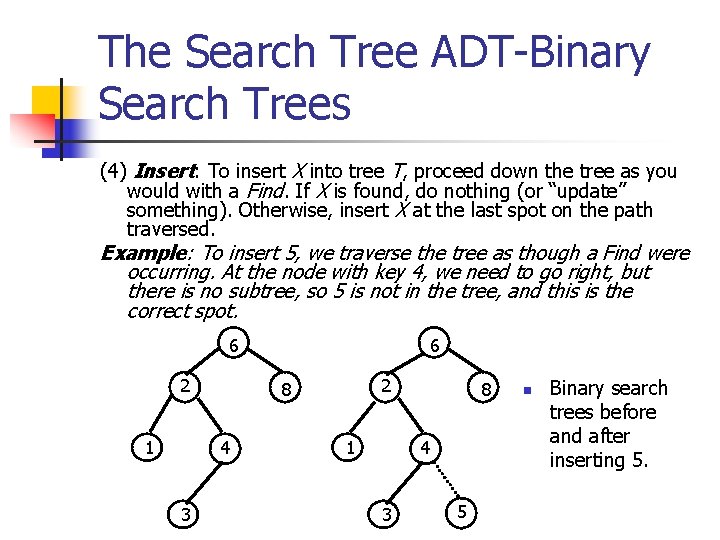 The Search Tree ADT-Binary Search Trees (4) Insert: To insert X into tree T, The Search Tree ADT-Binary Search Trees (4) Insert: To insert X into tree T,