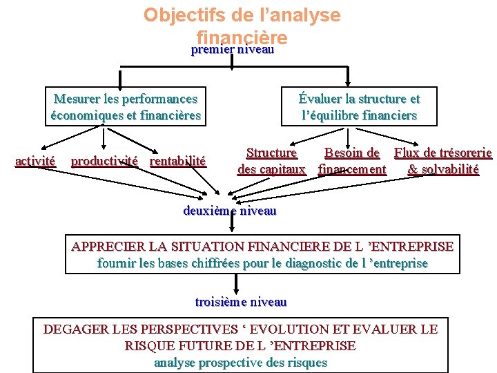 Objectifs de l’analyse financière premier niveau Mesurer les performances économiques et financières activité productivité