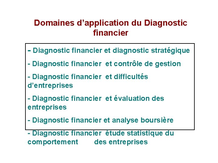 Domaines d’application du Diagnostic financier - Diagnostic financier et diagnostic stratégique - Diagnostic financier