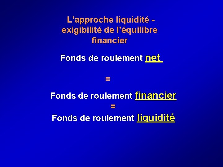  L’approche liquidité - exigibilité de l’équilibre financier Fonds de roulement net = Fonds