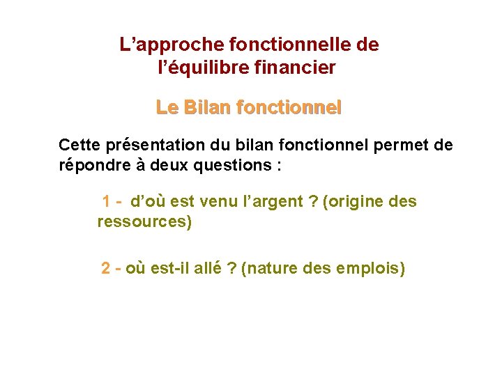  L’approche fonctionnelle de l’équilibre financier Le Bilan fonctionnel Cette présentation du bilan fonctionnel