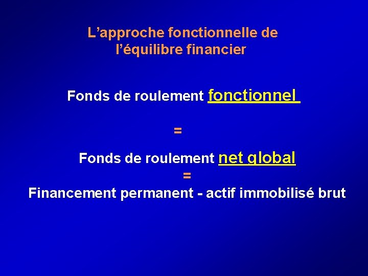  L’approche fonctionnelle de l’équilibre financier Fonds de roulement fonctionnel = Fonds de roulement