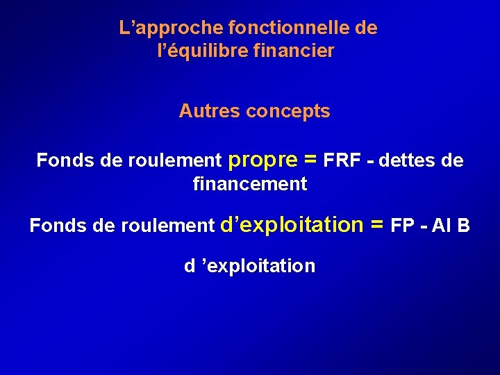  L’approche fonctionnelle de l’équilibre financier Autres concepts Fonds de roulement propre = FRF