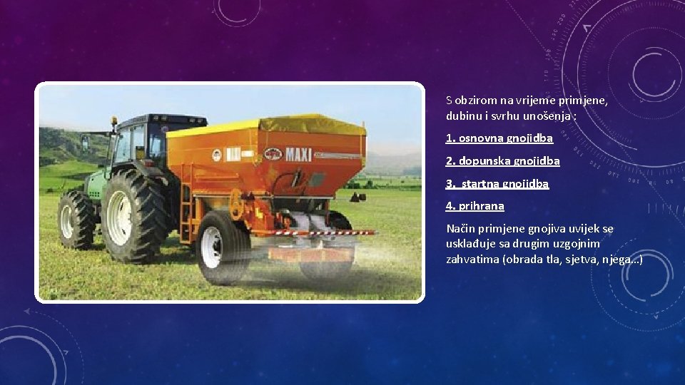 S obzirom na vrijeme primjene, dubinu i svrhu unošenja : 1. osnovna gnojidba 2.