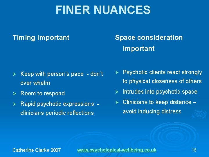 FINER NUANCES Timing important Space consideration important Ø Keep with person’s pace - don’t