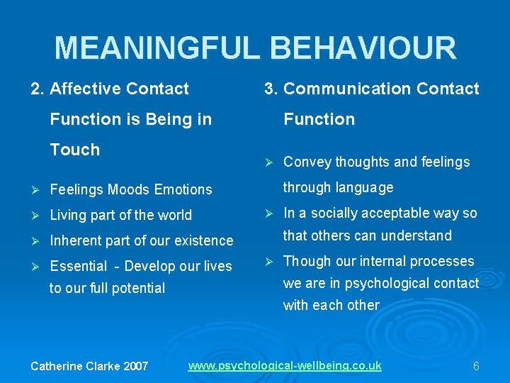 MEANINGFUL BEHAVIOUR 2. Affective Contact 3. Communication Contact Function is Being in Touch Ø