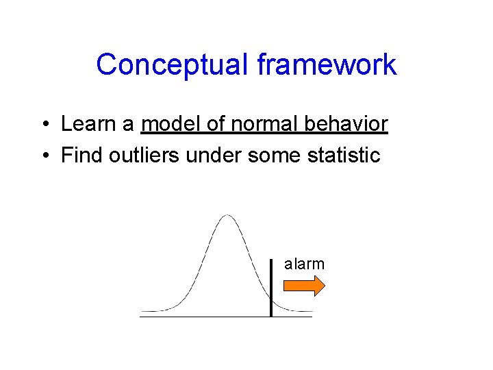 Conceptual framework • Learn a model of normal behavior • Find outliers under some