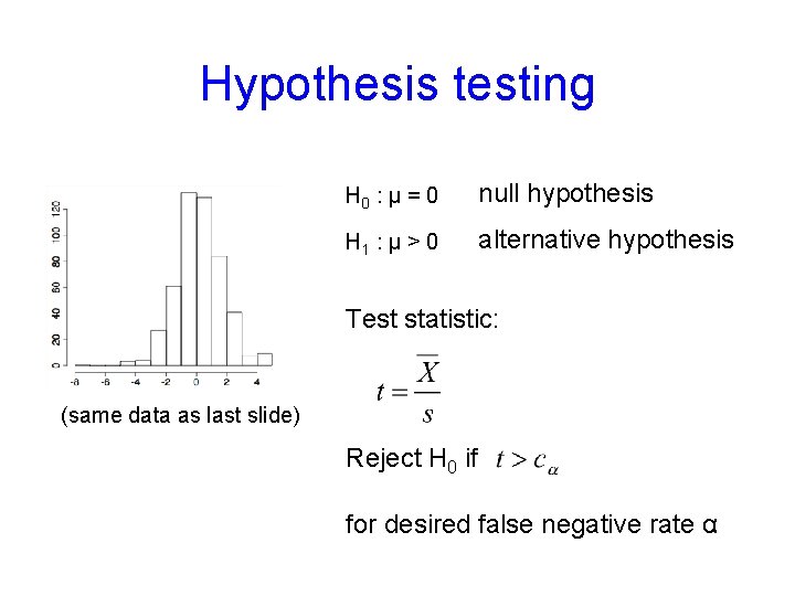 Hypothesis testing H 0 : μ = 0 null hypothesis H 1 : μ