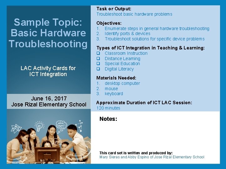 Task or Output: Sample Topic: Basic Hardware Troubleshooting LAC Activity Cards for ICT Integration