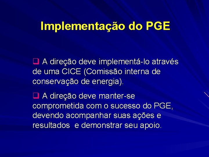 Implementação do PGE q A direção deve implementá-lo através de uma CICE (Comissão interna