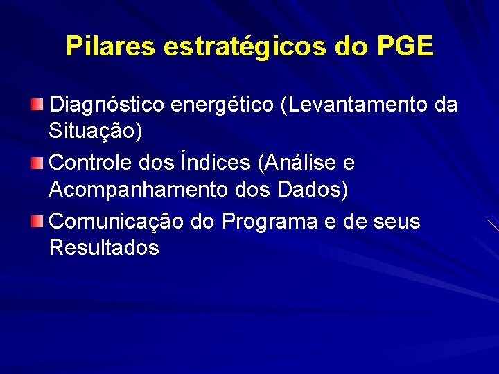 Pilares estratégicos do PGE Diagnóstico energético (Levantamento da Situação) Controle dos Índices (Análise e