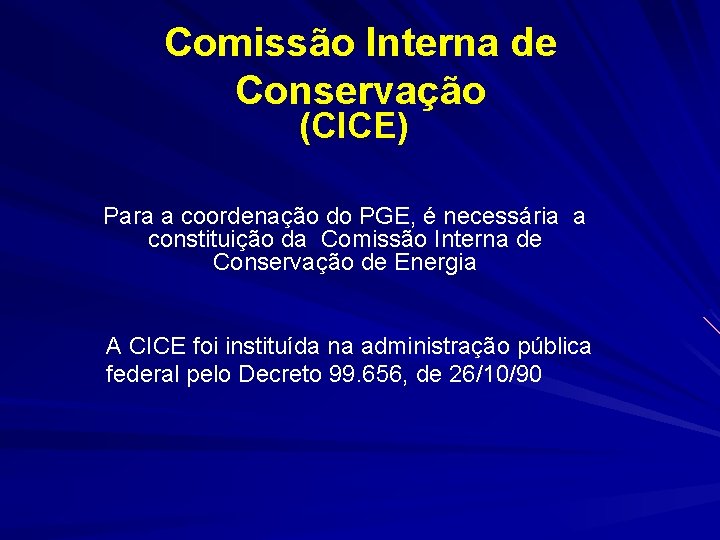 Comissão Interna de Conservação (CICE) Para a coordenação do PGE, é necessária a constituição